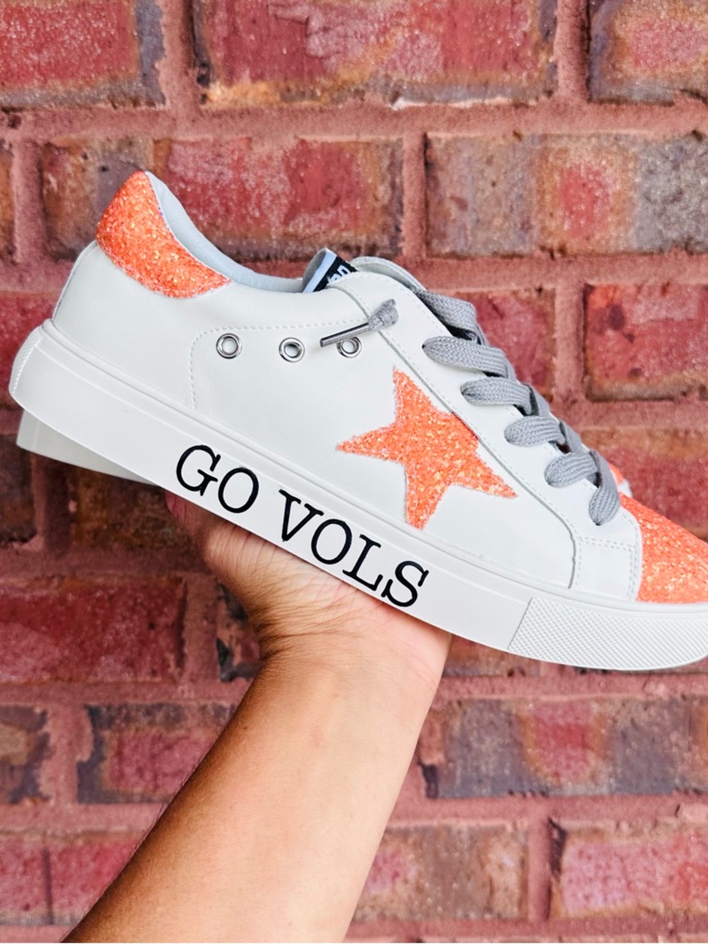 White Women's Sneaker with Orange Glitter Star - GO VOLS